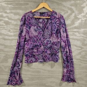 Escada SZ 42/L Stunning Purple Floral Long Bell Sleeve 100% Silk Blouse V-Neck